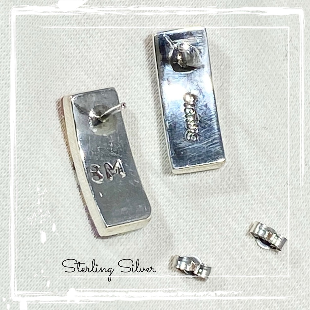 Signed-SM Multi Stone Inlaid Curve Sterling Silver Post Back Native Earrings - Picture 6 of 10
